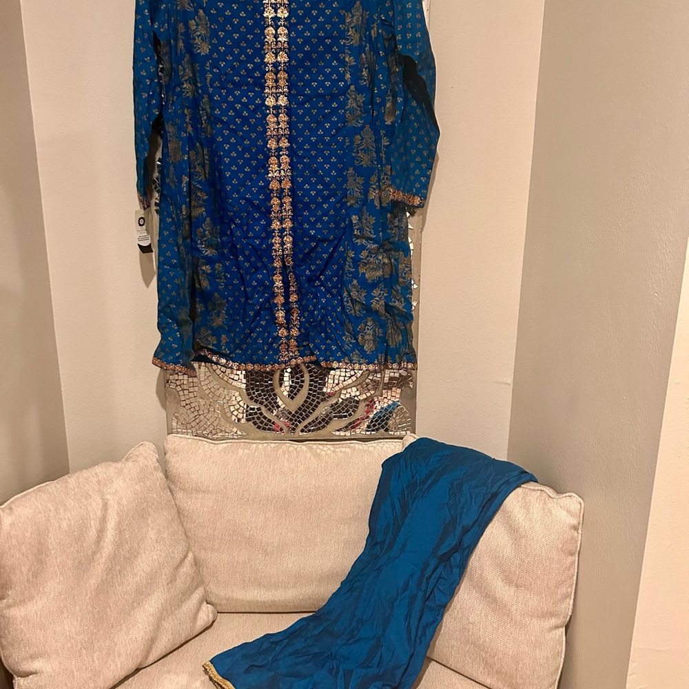 Blue and Gold Embroidered 2 piece dress